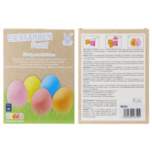 Eierfarben Pastell, 5 flüssige Farben zum Ostereier färben in Gelb, Rosa, Orange, Violett und Blau.