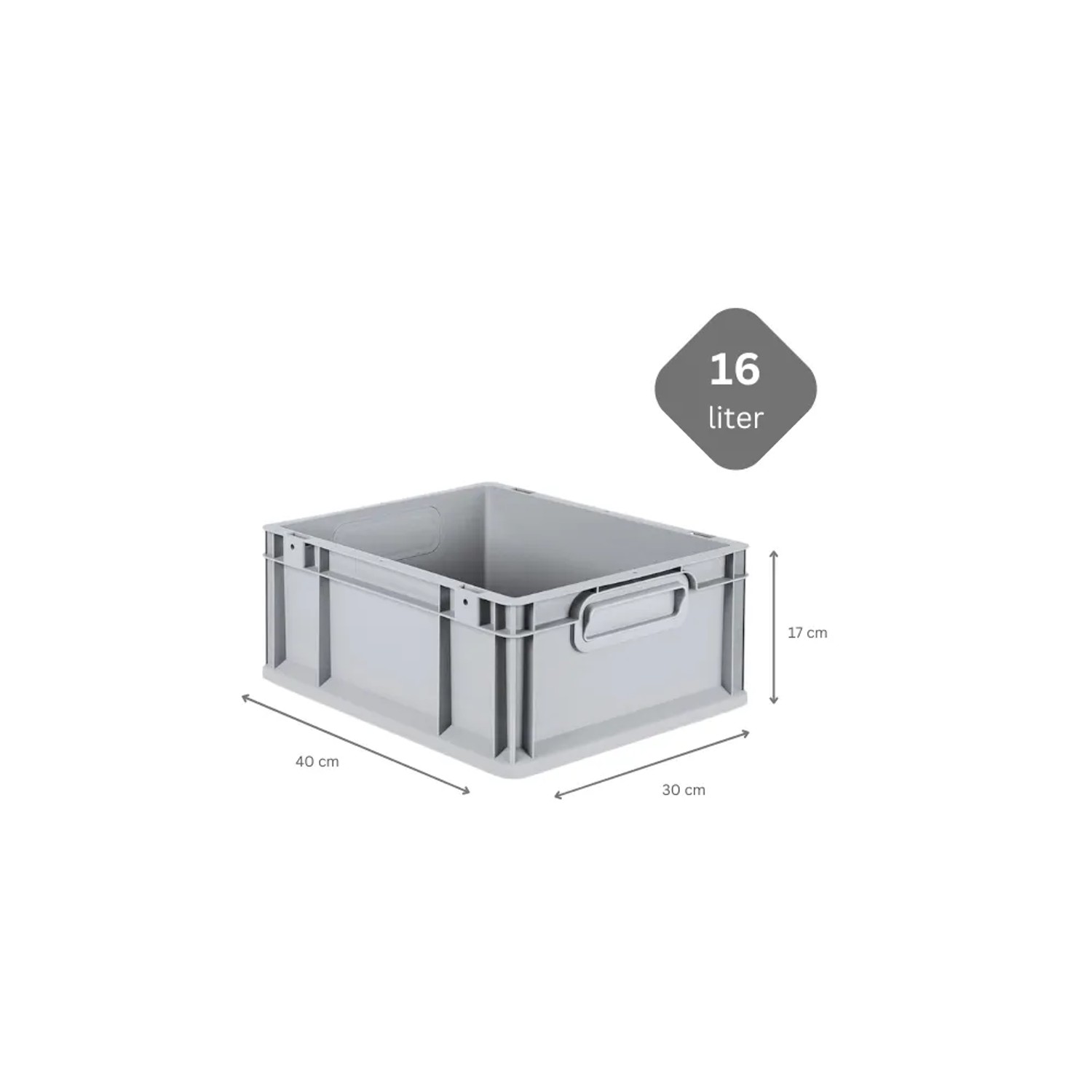 Graue PROREGAL Eurobox NextGen Grip, 16 Liter, mit Maßangaben. Aufbewahrungsbox für Industrie und Gewerbe.
