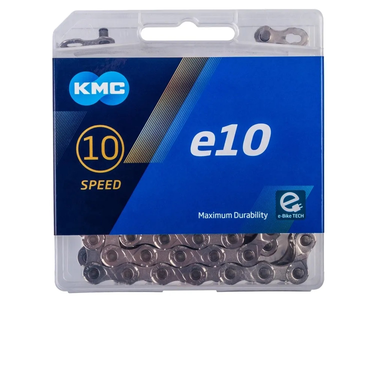 KMC 10-fach E-Bike Kette E10 mit 122 Gliedern, silberfarben, in Verpackung.