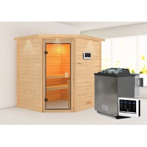 Karibu Sauna Elea Set mit Ofen und Steuerung, naturbelassen. Massivholzsauna mit Glastür und Ofen.