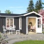 Carbongraues Lasita Maja Gartenhaus Portsmouth 44 mit Terrasse und Gartenmöbeln.