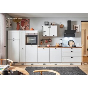 Komplette pino Küchenzeile, 370 cm, Weiß matt, mit Geräten, Apothekerschrank und Spüle. Inklusive Elektrogeräten.