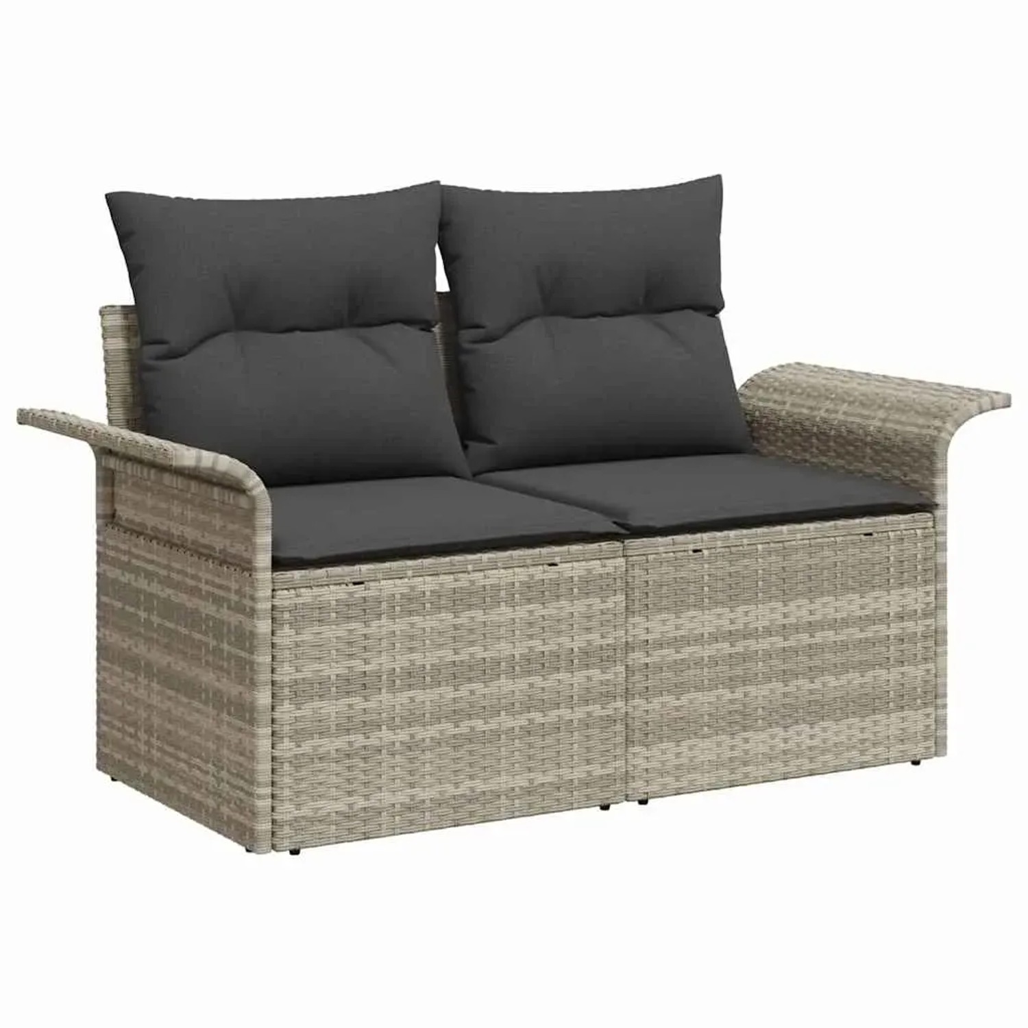 Hellgraues 2-Sitzer Gartensofa aus Polyrattan mit grauen Kissen, Teil eines vidaXL Garten-Sofa-Sets.