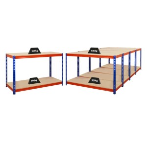 5er Set PROREGAL Werkbank STRONG BEAST, blau-orange, 2 Ebenen, je 500kg Fachlast.