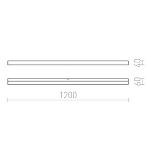 Maßzeichnung der Rendl Levia 120 LED Wandleuchte. Zeigt die schlanke, lineare Form und Maße: 120 cm Länge, 4/6 cm Höhe.