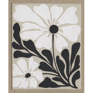 Leinwandbild Boho Flowers: Weiß-schwarzes Blumenmotiv mit Textur auf beigem Grund im Holzrahmen. Dekoartikel.