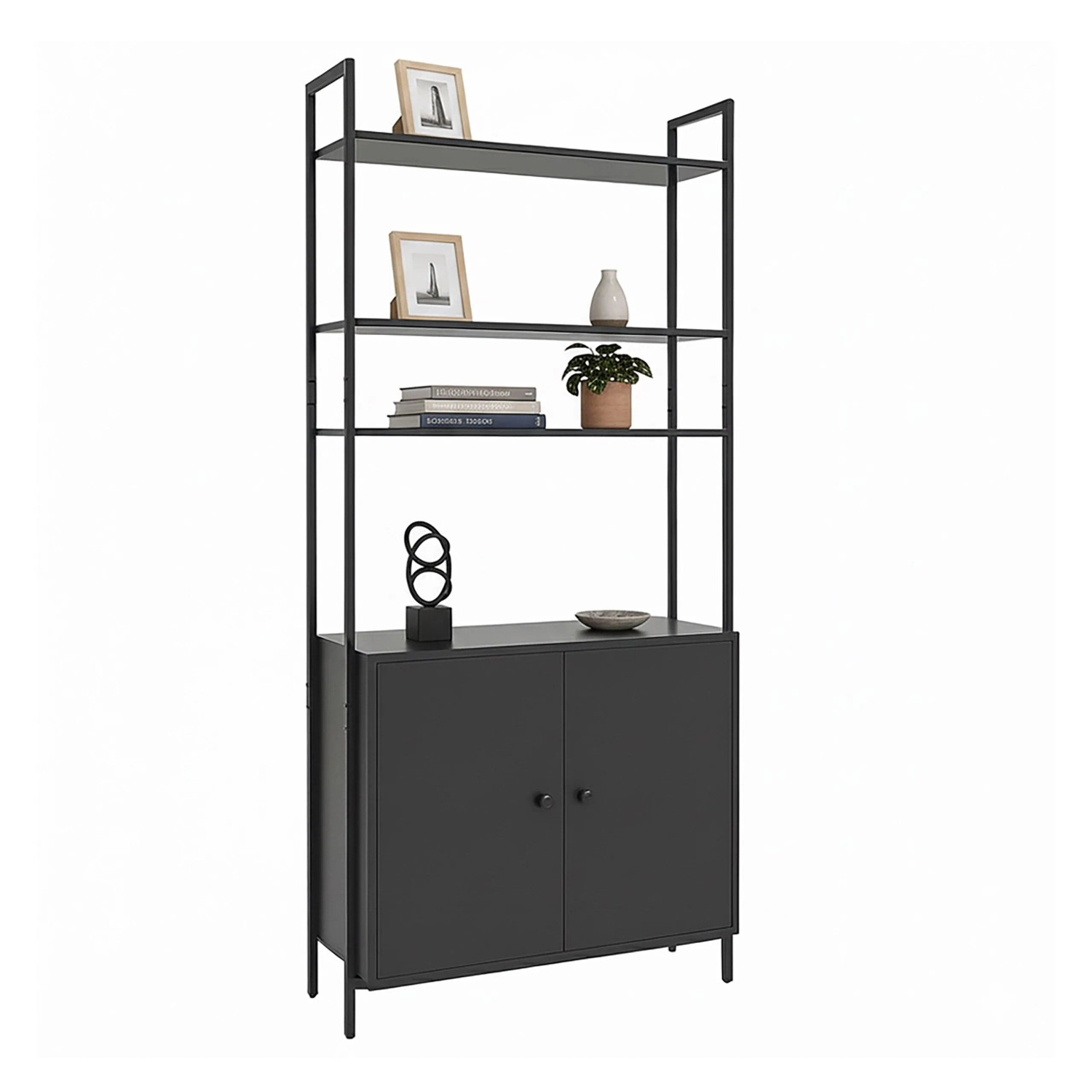Relaxdays Bücherregal mit Unterschrank MDF Eisen Schwarz Höhenverstellbar Kippsicher 159,5 cm x 60 cm x 24 cm 14,4 kg