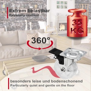 SOTECH RAPID Lenkrolle Ø50 mm transparent mit Bremse, 35 kg belastbar. Bodenschonend, 360° drehbar.