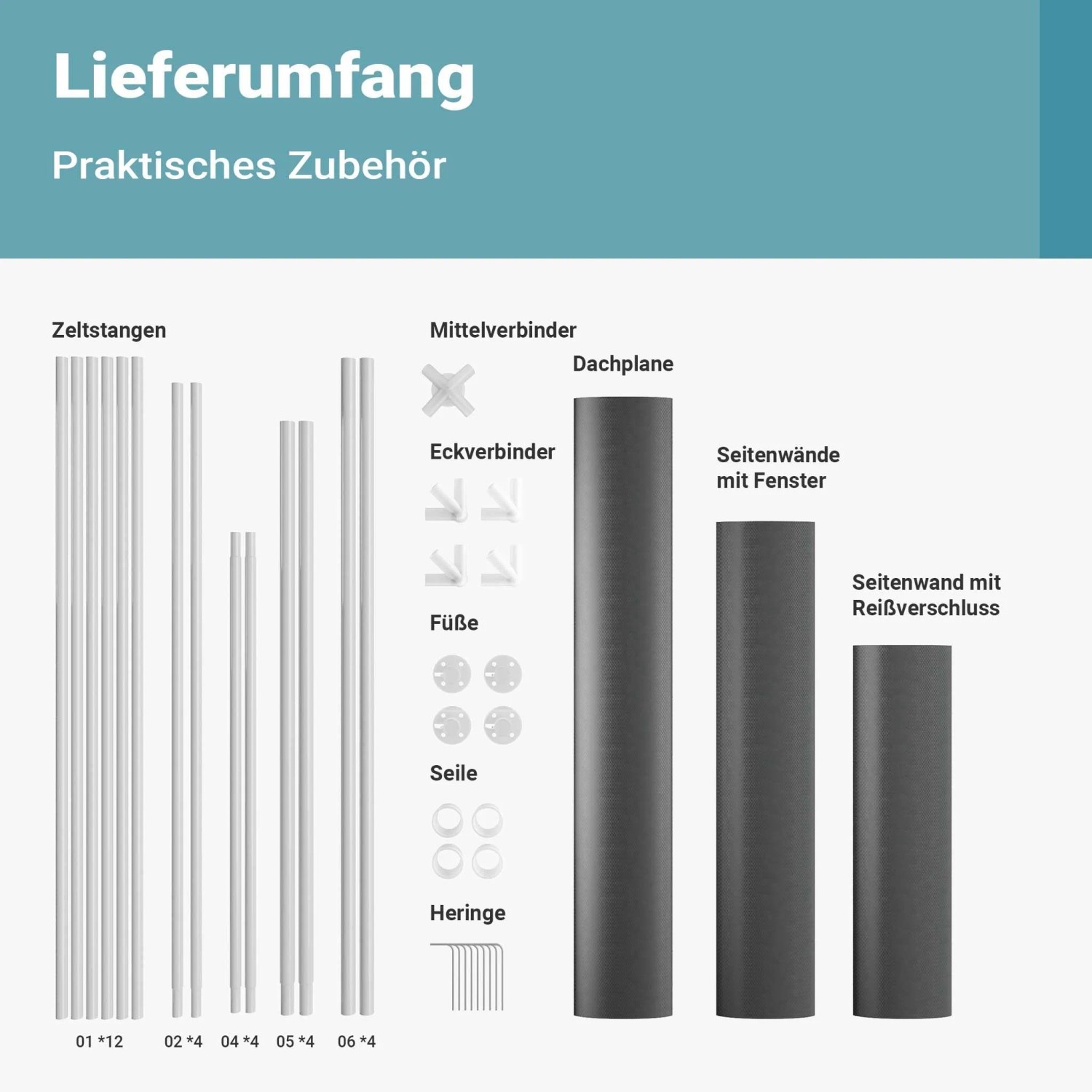 Lieferumfang des grauen Toboli Gartenpavillons 3x3m: Zeltstangen, Dachplane, Seitenwände mit Fenstern, Verbinder, Seile, Heringe.