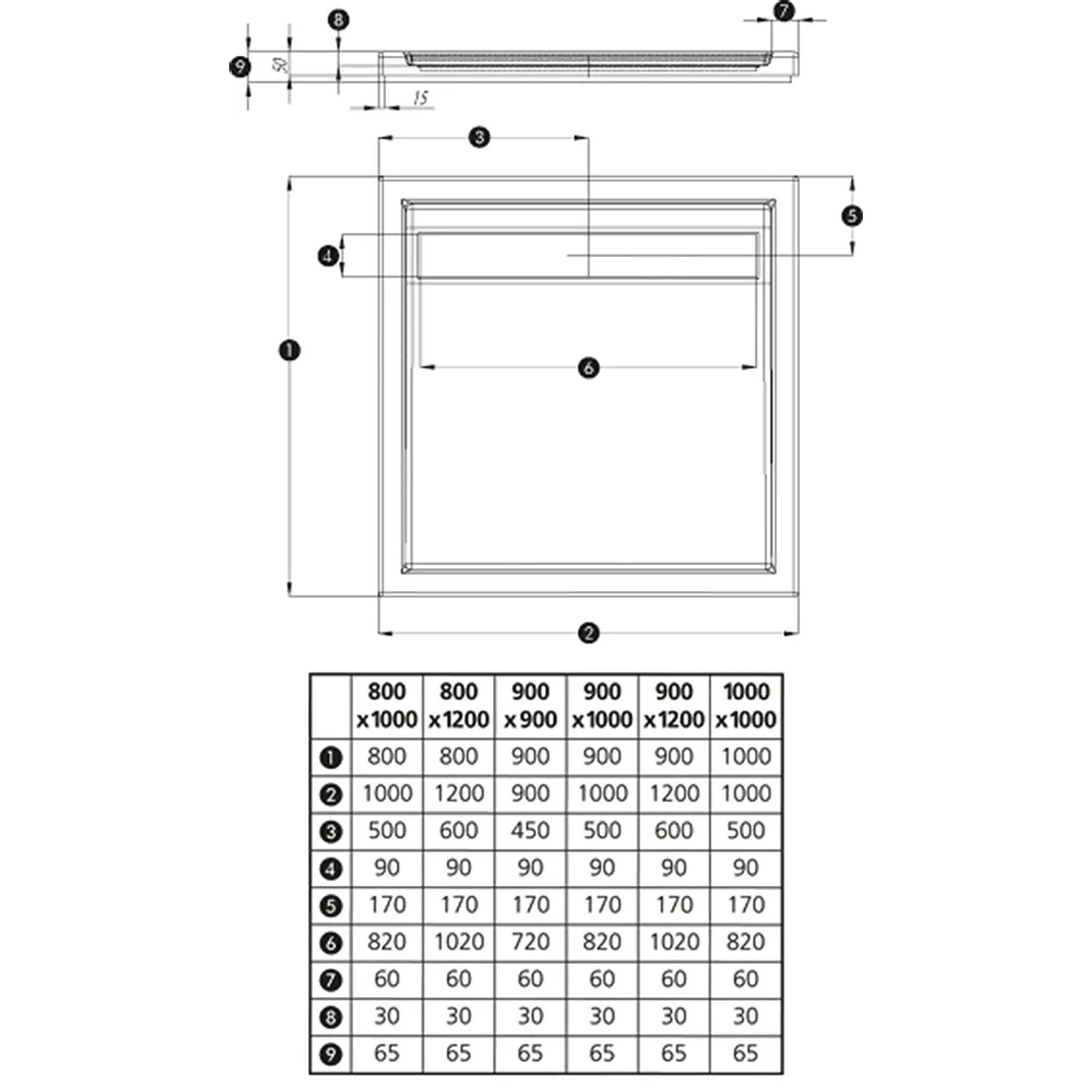 Technische Zeichnung Ottofond Duschwanne Fashion-Board, rechteckig, 120x80 cm.