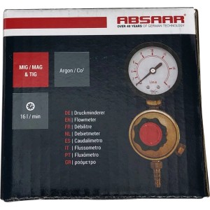 Verpackung des Absaar Druckminderers mit Einzelanzeige für Schweißgeräte.