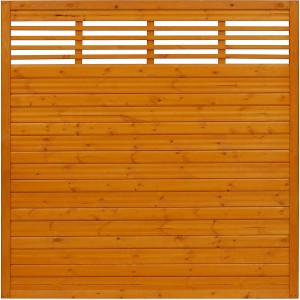 Sichtschutzzaun Nicea, Pinienfarben, 180x180cm, mit gewellten Lamellen im oberen Bereich.
