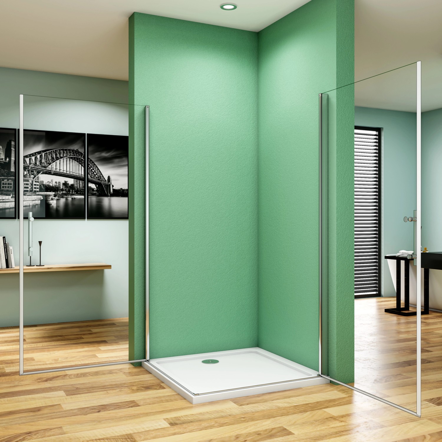 AICA Schwingtür Dusche 90x80cm mit Eckeinstieg, ESG Glas und Nano-Beschichtung.