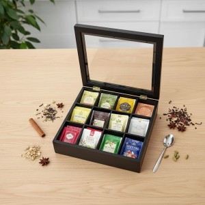 Relaxdays Teebox Bambus Schwarz mit 12 Fächern Sichtfenster 8 cm x 28 cm x 23 cm