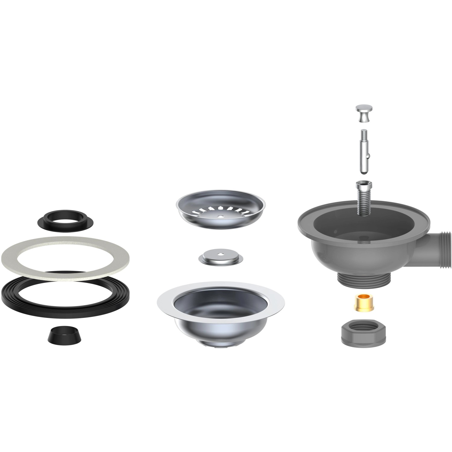 Kirchhoff Siebkörbchen Spüle Eco Save Edelstahl, Einzelteile im Überblick für Spülen-Siphon.