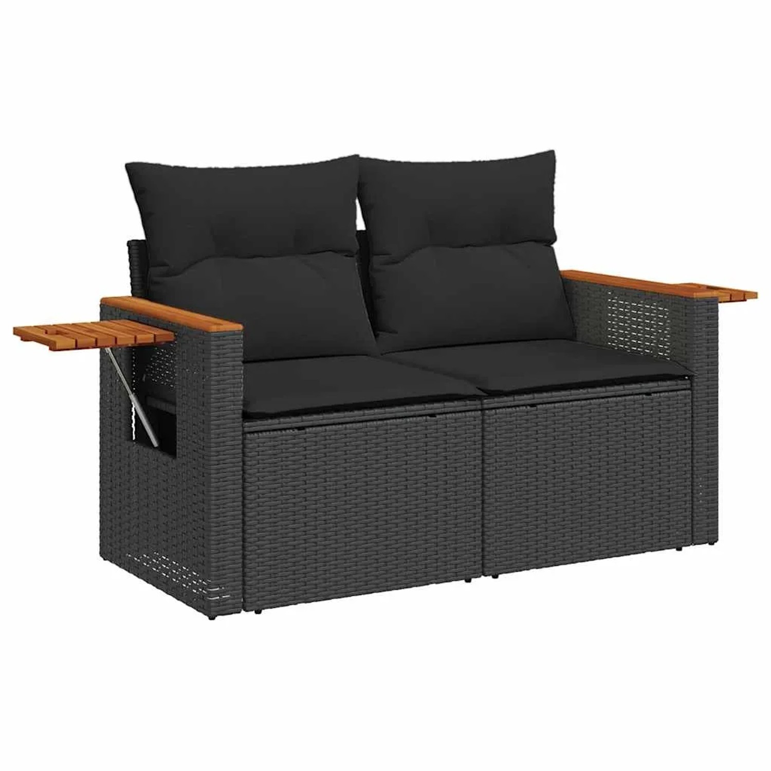 Schwarze vidaXL Garten-Sofagarnitur aus Rattan mit Kissen und Ablagetisch.
