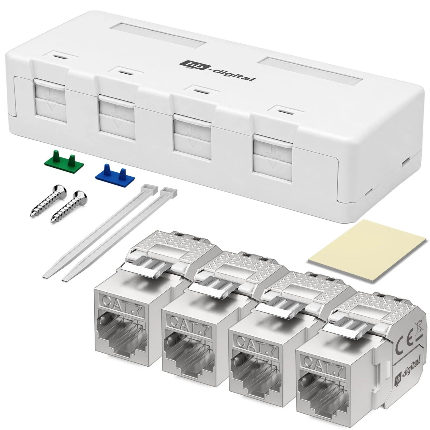 hb-digital Netzwerkdose Aufputz 4-Port CAT 7 Keystone Set