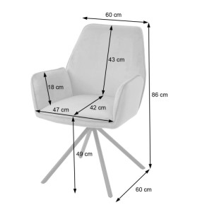 Dunkelgrauer drehbarer Polsterstuhl mit schwarzen Beinen. Der Esszimmerstuhl zeigt seine Maße wie 86 cm Höhe und 60 cm Breite.