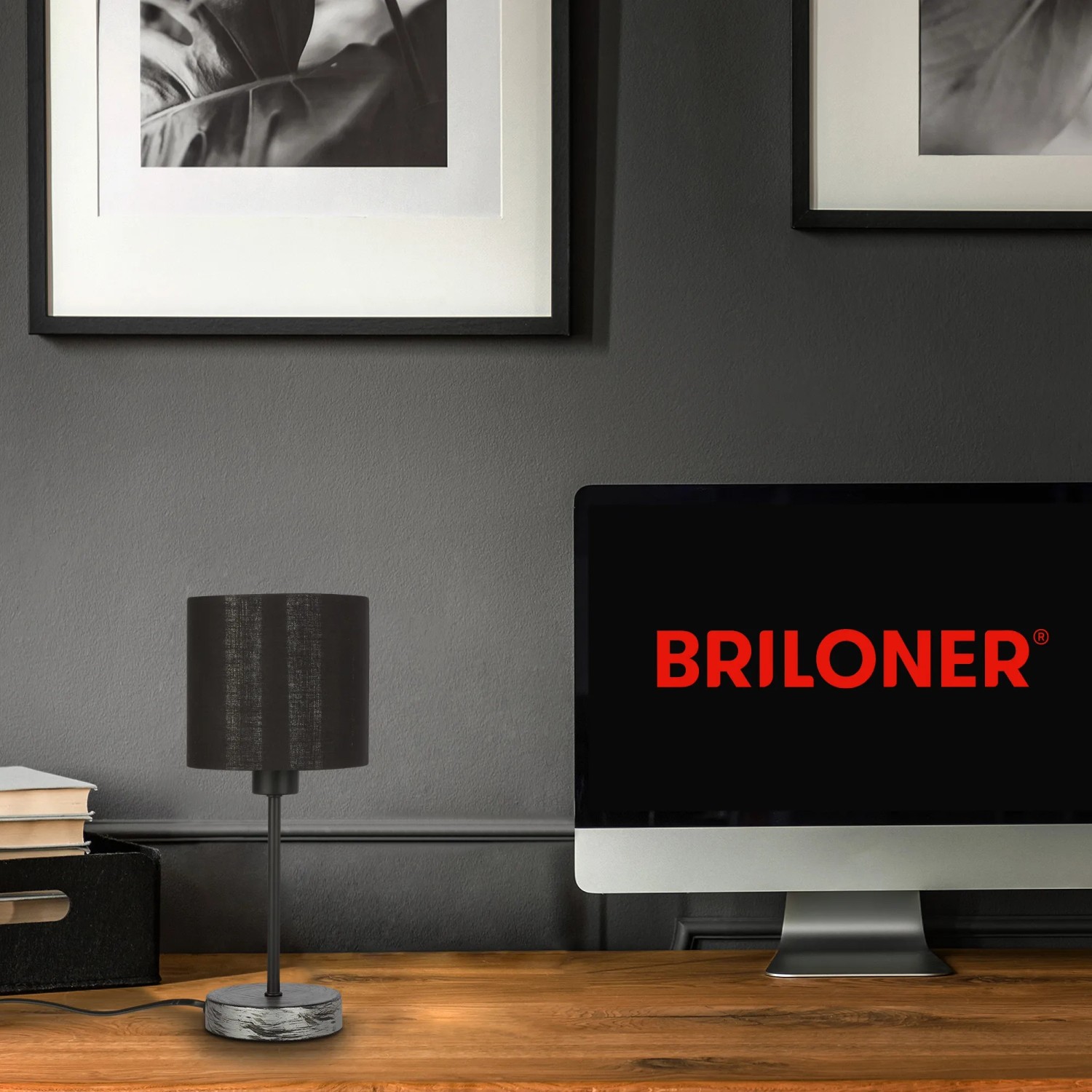 Briloner Tischlampe Fabric, schwarz-silberner Stoffschirm, 28 cm hoch. Design-Tischleuchte für den Nachttisch.