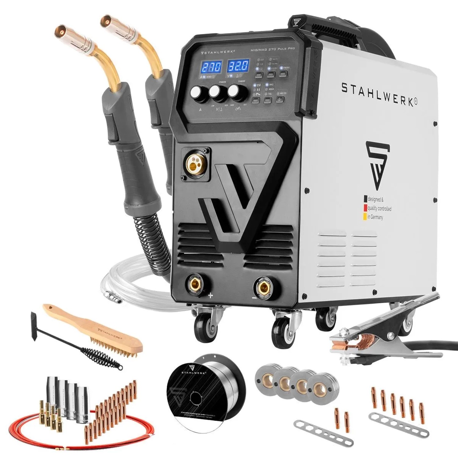 STAHLWERK Schweißgerät MIG 270 Puls Pro 4-in-1 Schutzgas-Schweißgerät Alu-Paket