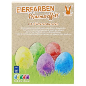 Eierfarben Marmoreffekt, 5 Farben (Gelb, Rot, Grün, Blau, Violett) für Ostern.