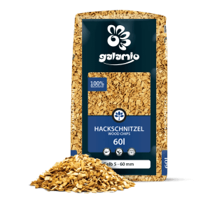 Galamio Holzhackschnitzel Gelb 60l, Kiefernholz, Körnung 5-60mm. Sack und lose Mulch-Chips für Garten.