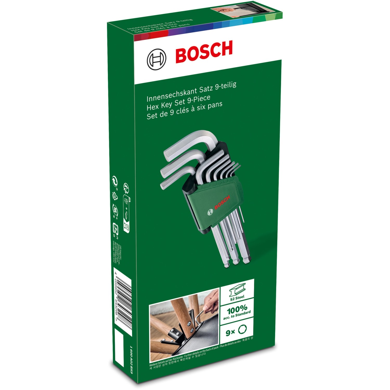 Bosch Innensechskant-Satz, 9-teilig, im grünen Halter. Schlüssel & Abzieher für Heimwerker.