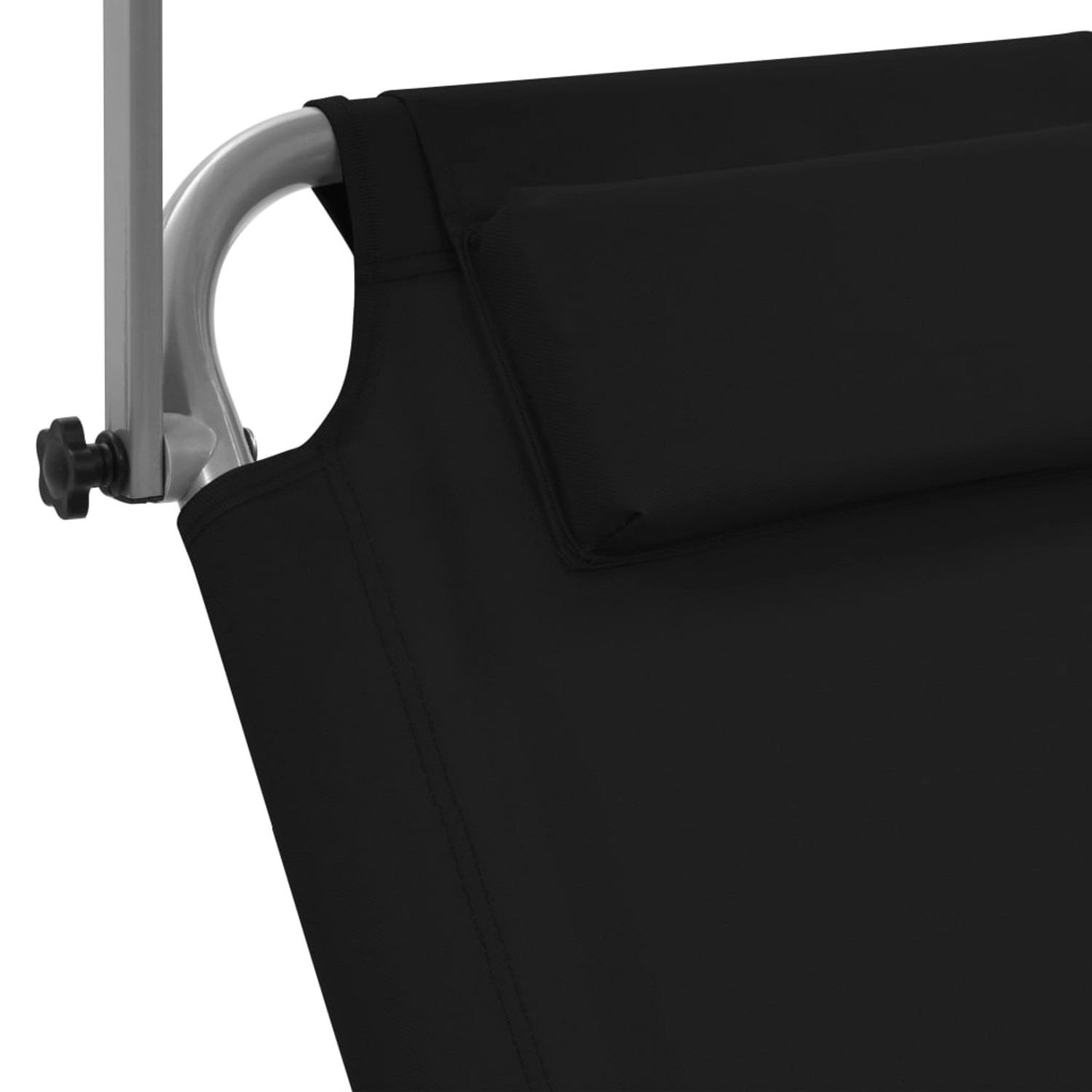 Detailansicht der schwarzen vidaXL Klappliege mit Sonnenschutz, Stahlgestell und Kopfkissen.