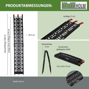 TRUTZHOLM Auffahrrampe, klappbar, 228 cm, schwarz, mit Maßangaben.