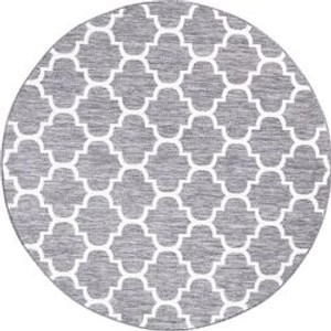 Runder, grauer Outdoor Teppich „Sommer 62“ mit weißem Karo-Gittermuster, 160x160 cm.