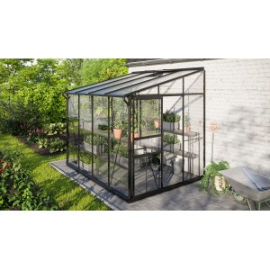 Vitavia Anlehn-Gewächshaus Ida 5200, schwarz, mit Glas und Hohlkammerplatten an Hauswand.