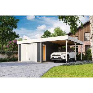 Lasita Maja Holzgarage Bahamas in Carbongrau mit Schwingtor und Carport. Fertiggarage mit Platz für ein Auto.