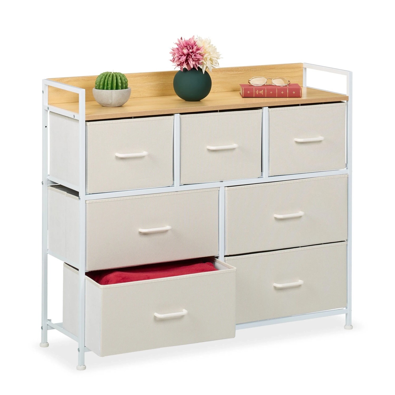Relaxdays Kommode MDF Metall Weiß Industrial 7 Schubladen Höhenverstellbar 85 cm x 100 cm x 30,5 cm 12,9 kg
