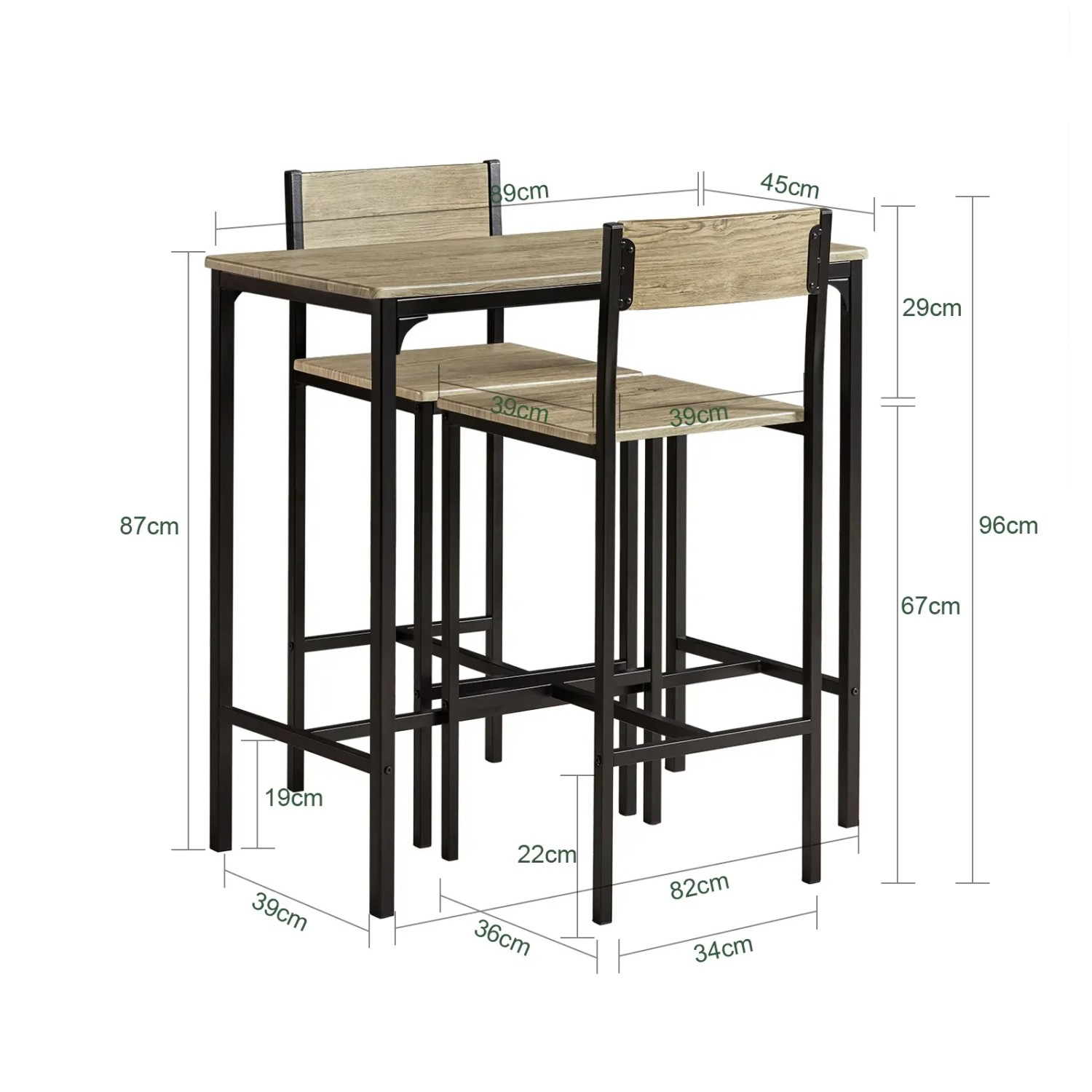 SoBuy Bartisch-Set OGT03-N mit 2 Barhockern, Holz/Metall, natur/schwarz, für Küche & Party.