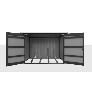 Floraworld Premium Fahrradgarage für 4 Fahrräder, offene Doppeltür, Innenansicht.