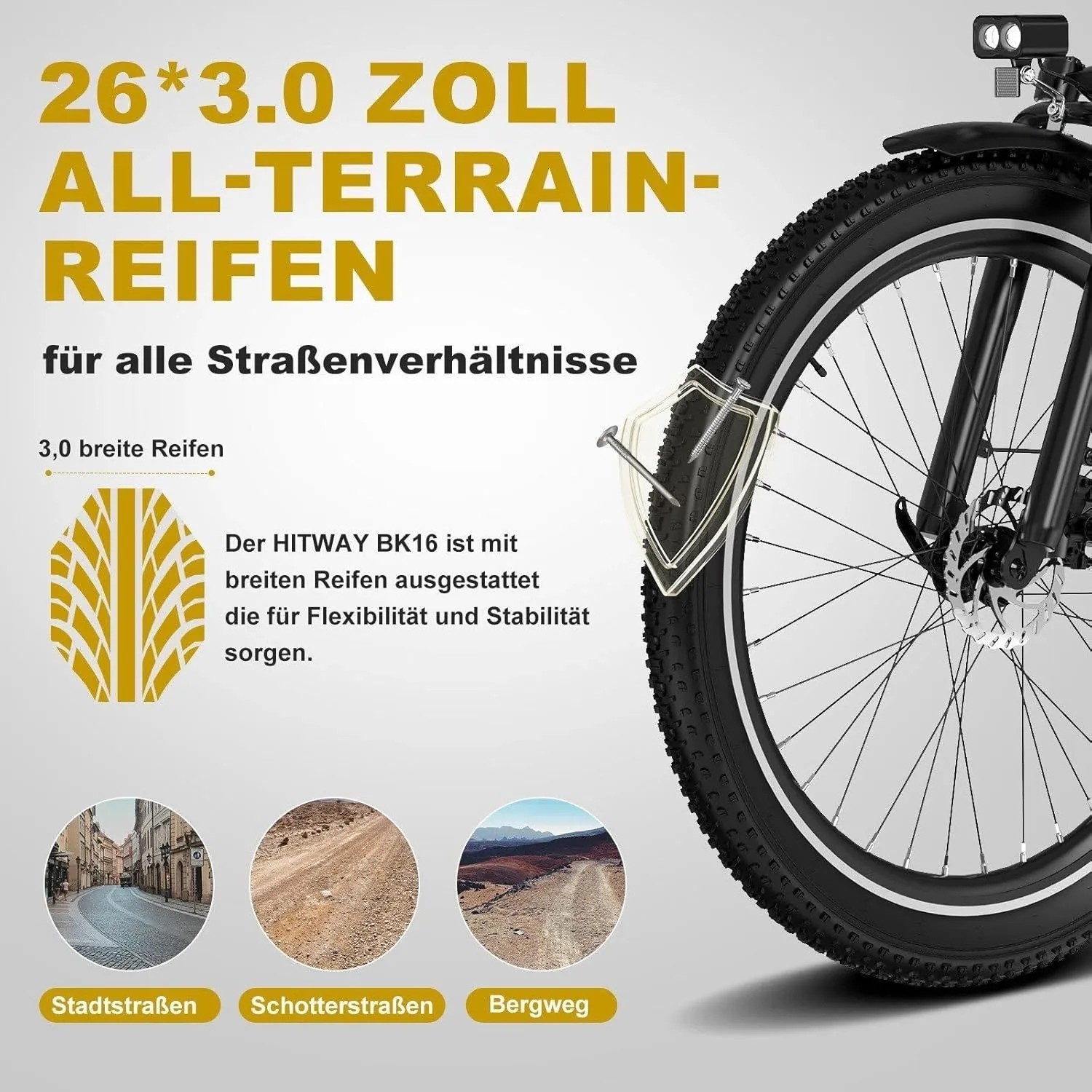 HITWAY BK16 E-Bike Vorderrad mit breitem 26x3.0 Zoll All-Terrain-Reifen für Stadt, Schotter, Bergweg.