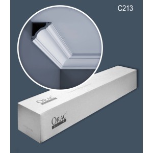 ORAC DECOR C213 LUXXUS Zierleisten Set mit 18 weißen Stuckleisten (36m) und Detailansicht.