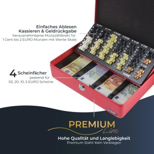 Rote HMF Geldkassette mit Münzzählbrett und Geldscheinfächern für sichere Kassenführung.