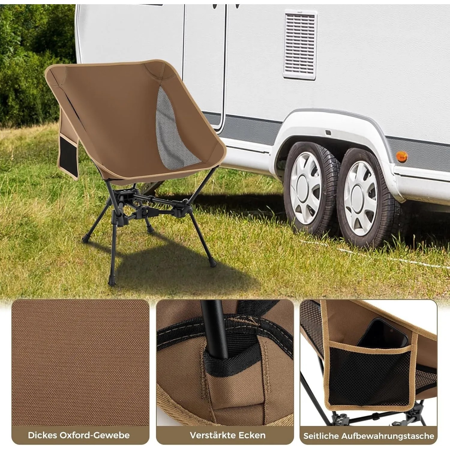 Brauner faltbarer Campingstuhl mit Seitentasche auf Gras vor Wohnwagen. Ultraleichter Gartenstuhl mit Oxford-Gewebe.