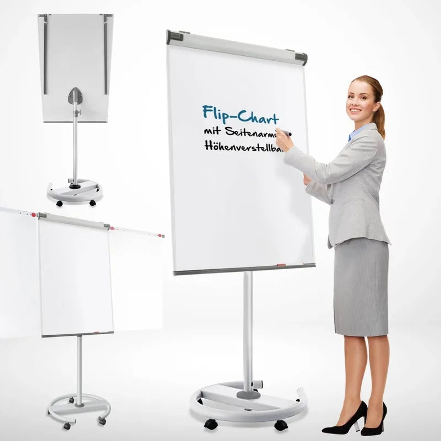 Mobiles Flipchart Shark Premium mit Rollenfuß und Papierhaltern im Einsatz.