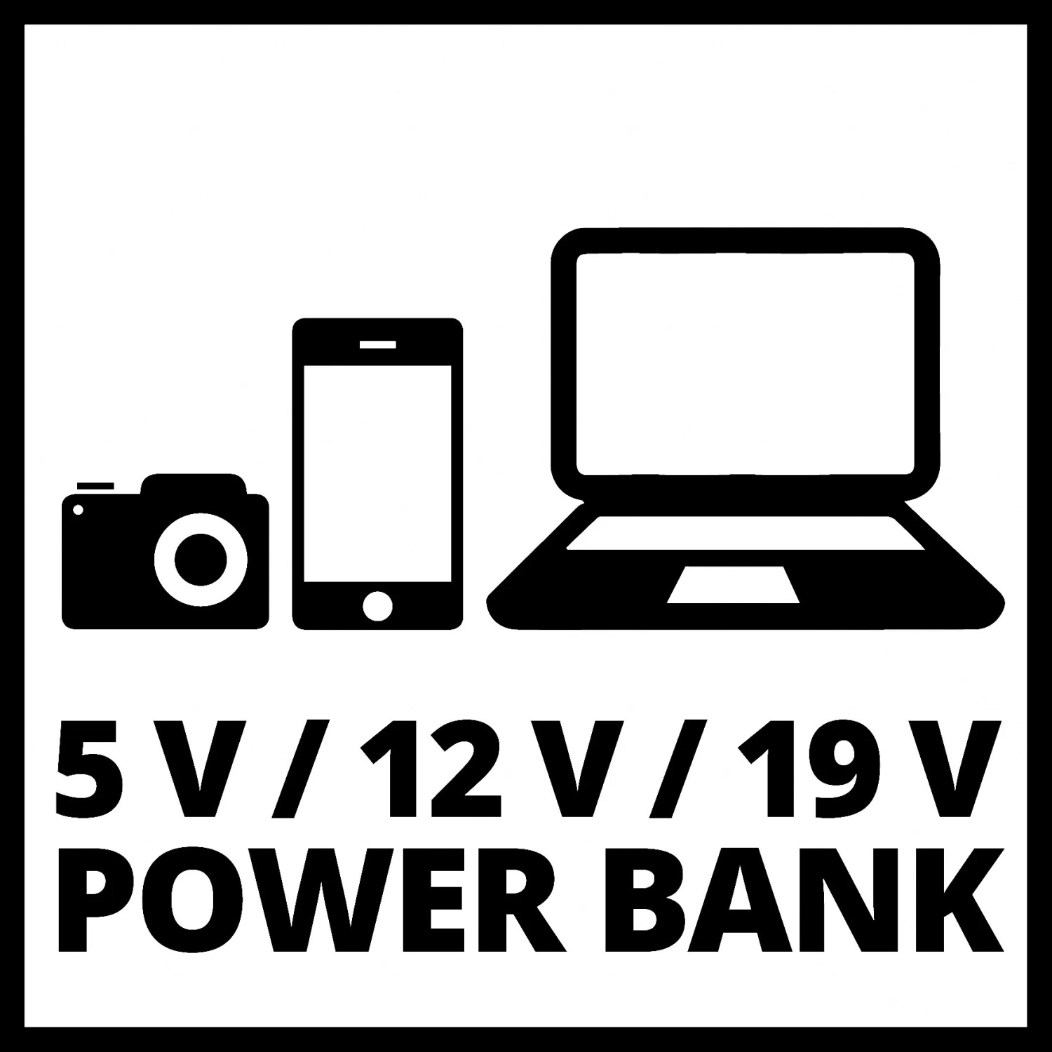 Einhell Power Bank CE-JS 12: Symbolbild für Starthilfe und Aufladen von Kamera, Handy und Laptop.