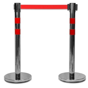 UvV BounceLine Personenleitsystem aus Edelstahl mit rotem Gurt, 2 Pfosten, ideal zur Baustellenabsicherung.