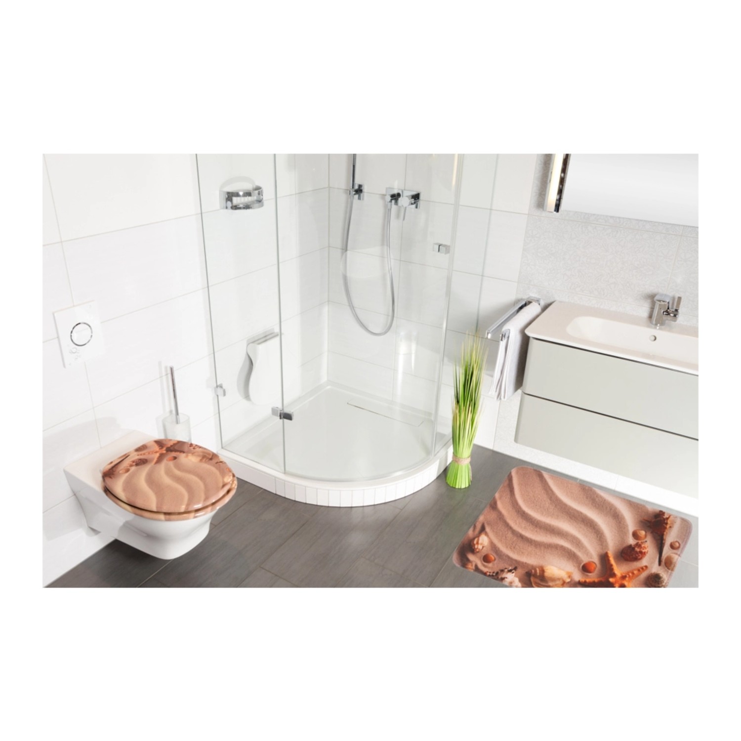 Sanilo WC-Sitz Sanibel Holz mit Strandmotiv im Badezimmer.