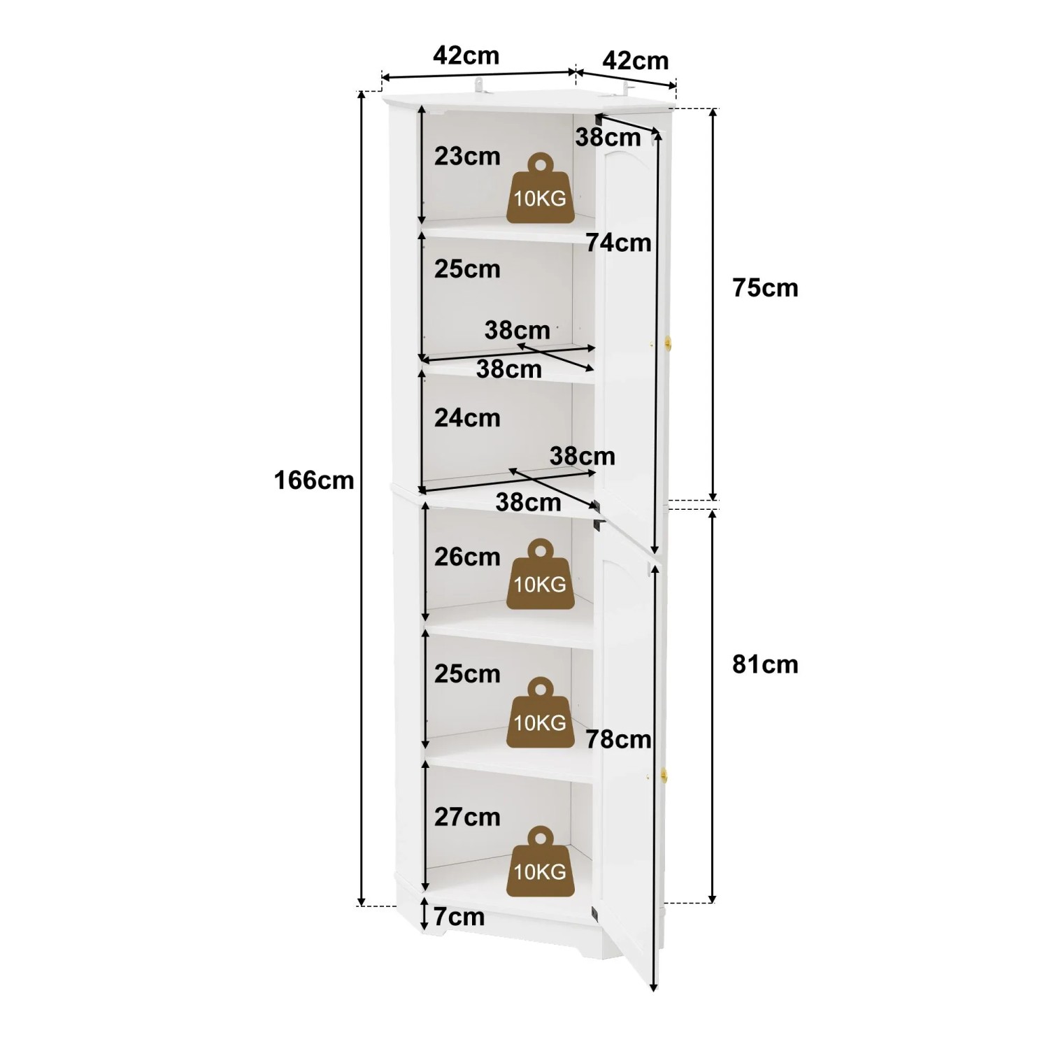 Merax Eckschrank 42x42x166 cm 2 Türen Verstellbare Einlegeböden_5