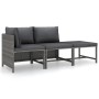 Graues 3-tlg. vidaXL Garten-Lounge-Set aus Poly Rattan mit anthrazitfarbenen Kissen.