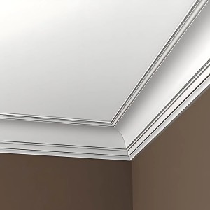 Weiße PROFHOME Eckleiste aus Polyurethan (200cm) als Deckenleiste/Stuckleiste.