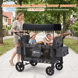 Sekey Faltbarer Bollerwagen für 4 Kinder Kinderwagen mit 4 Integrierten 5-Punkt-Gurtsystem Schwarz