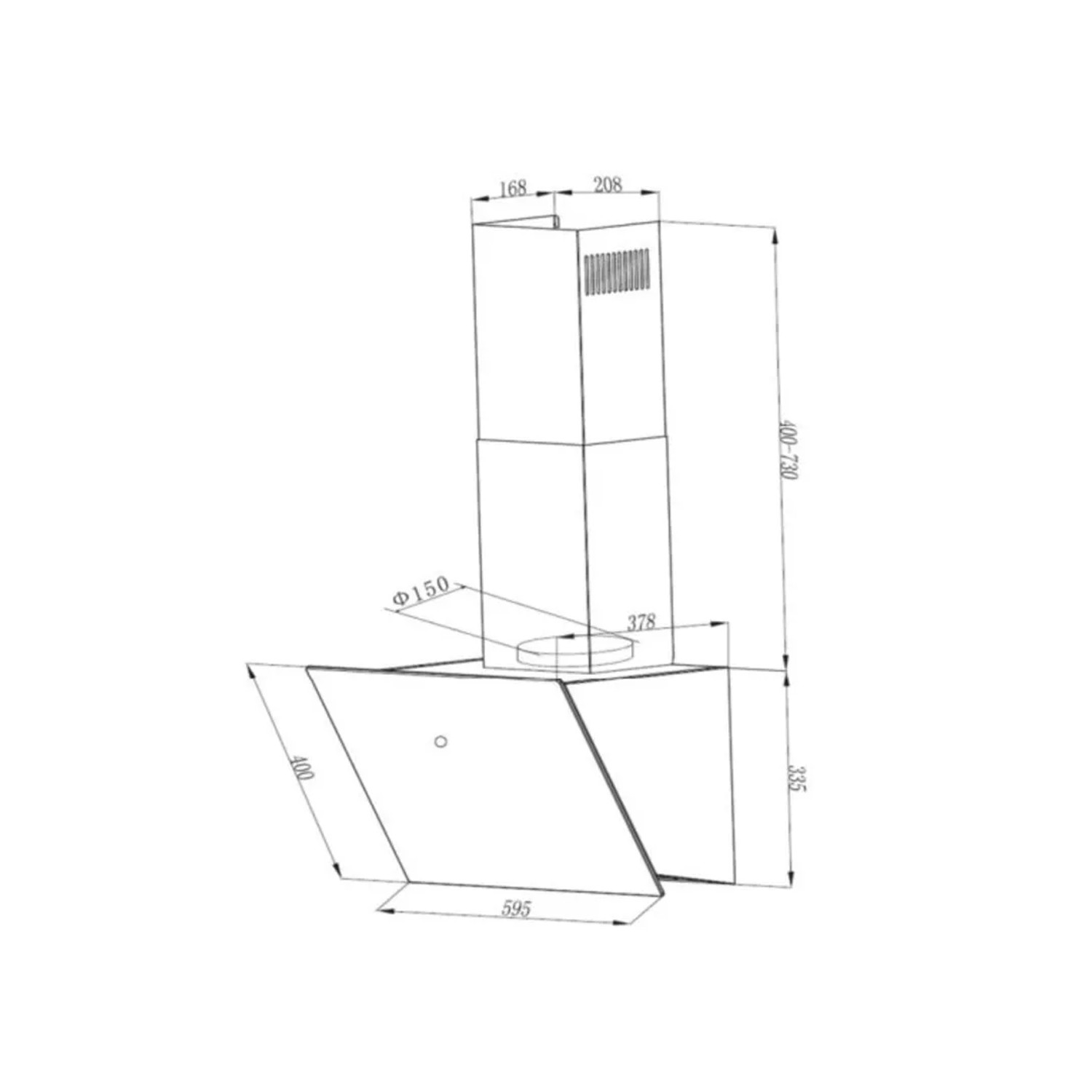 Technische Zeichnung Respekta Schräghaube Lora 60 cm, Maße und Details zur Kopffreihaube in Schwarz.