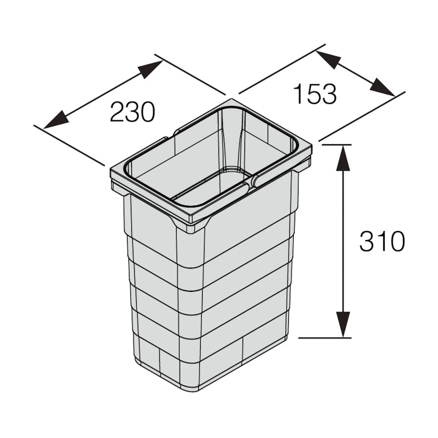 Ninka Eins2vier Mülleimer, 8L, alugrau, mit Maßangaben (310x230x153mm) für die Küchenabfallentsorgung.