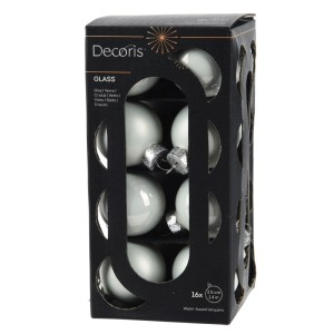 Decoris Weihnachtskugel-Set aus Glas, 16 weiße Kugeln (glänzend/matt, Ø 3,5 cm) in schwarzer Verpackung.